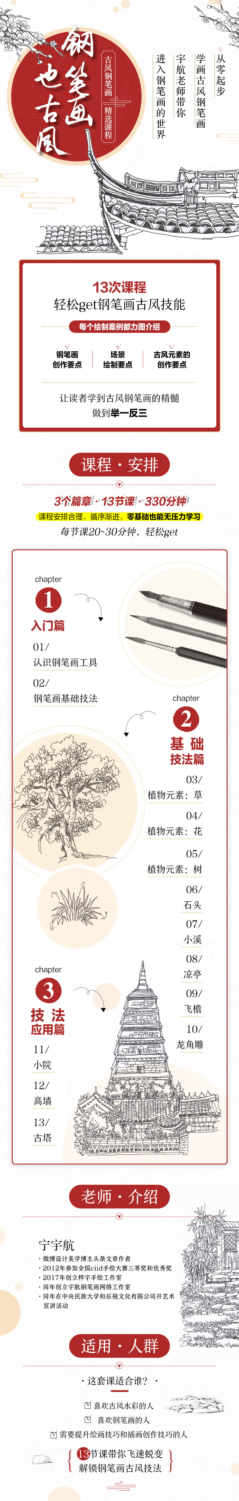 钢笔画也古风 零基础钢笔画入门课