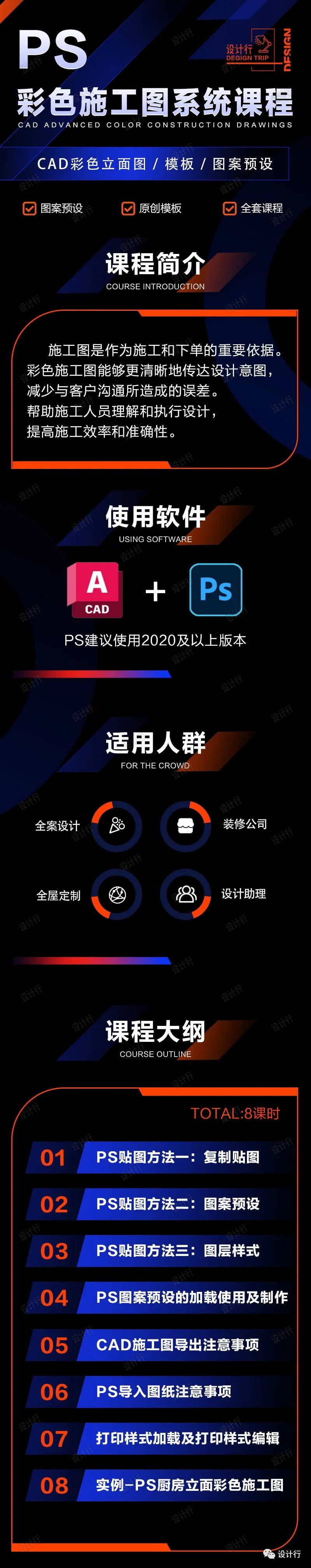 【88】原创PS彩色施工图彩色立面图系统课程+PS图案预设+模板文件
