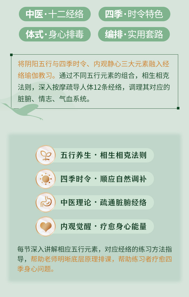 『五行经络疗愈瑜伽』7套排课模版，深入讲练12条经络瑜伽+五行中医+内观疗愈